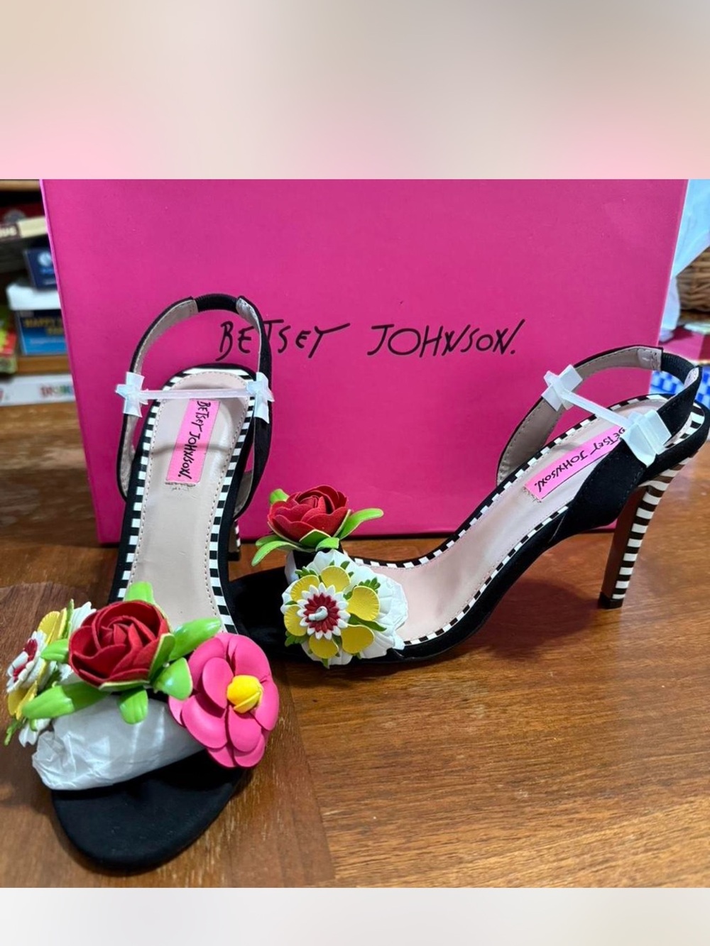 Betsey Johnson Black 3D Floral Embellished Slingback Heels